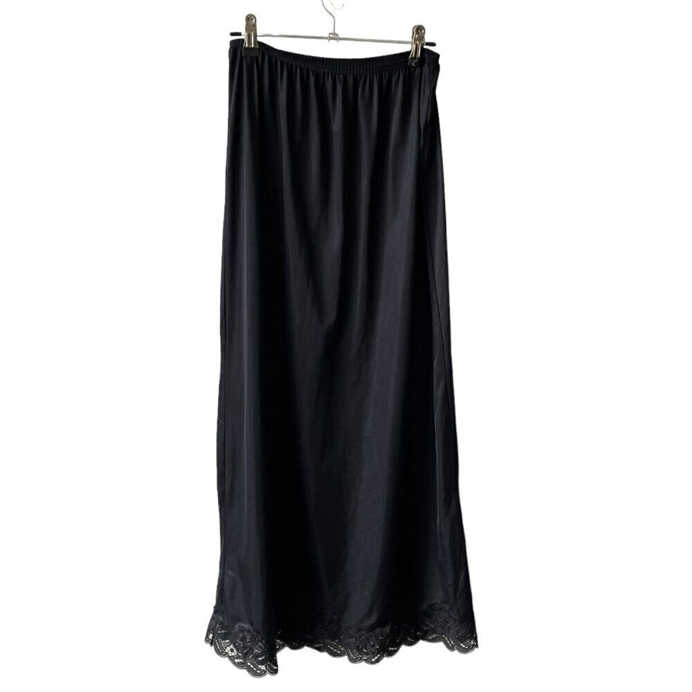 Vintage Tall Girl Pull On Lace Hem Elastic Waist Maxi Slip Skirt Black Small
